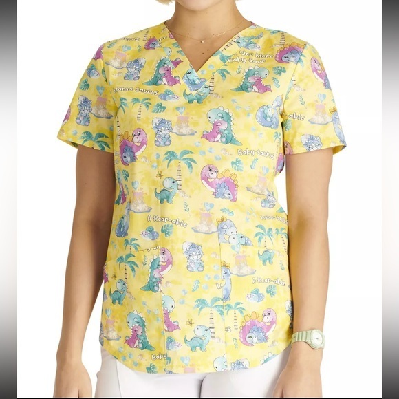 Cherokee Medical Uniforms Unisex Yellow Baby Saur Print Scrub Top - Picture 1 of 12